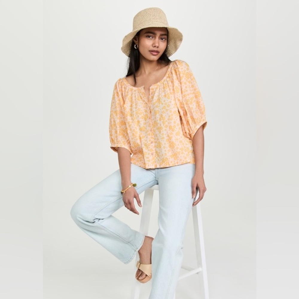 NWT Evereve Sundry Orange Yellow Ditsy‎ Floral Puff Sleeve Blouse